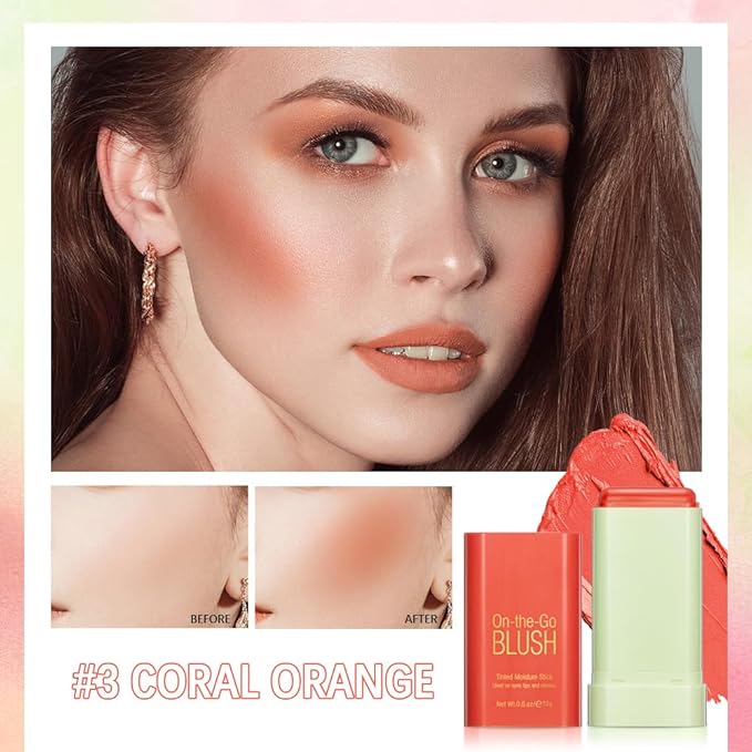 Soft Creamy Blush Stick,On-the-Go Blush,2-in-1 Cheek and Lip Tint,Waterproof Hydrating Solid Natural Moisture Smooth Blendable Matte Finish Face Blush Makeup,03 coral orange