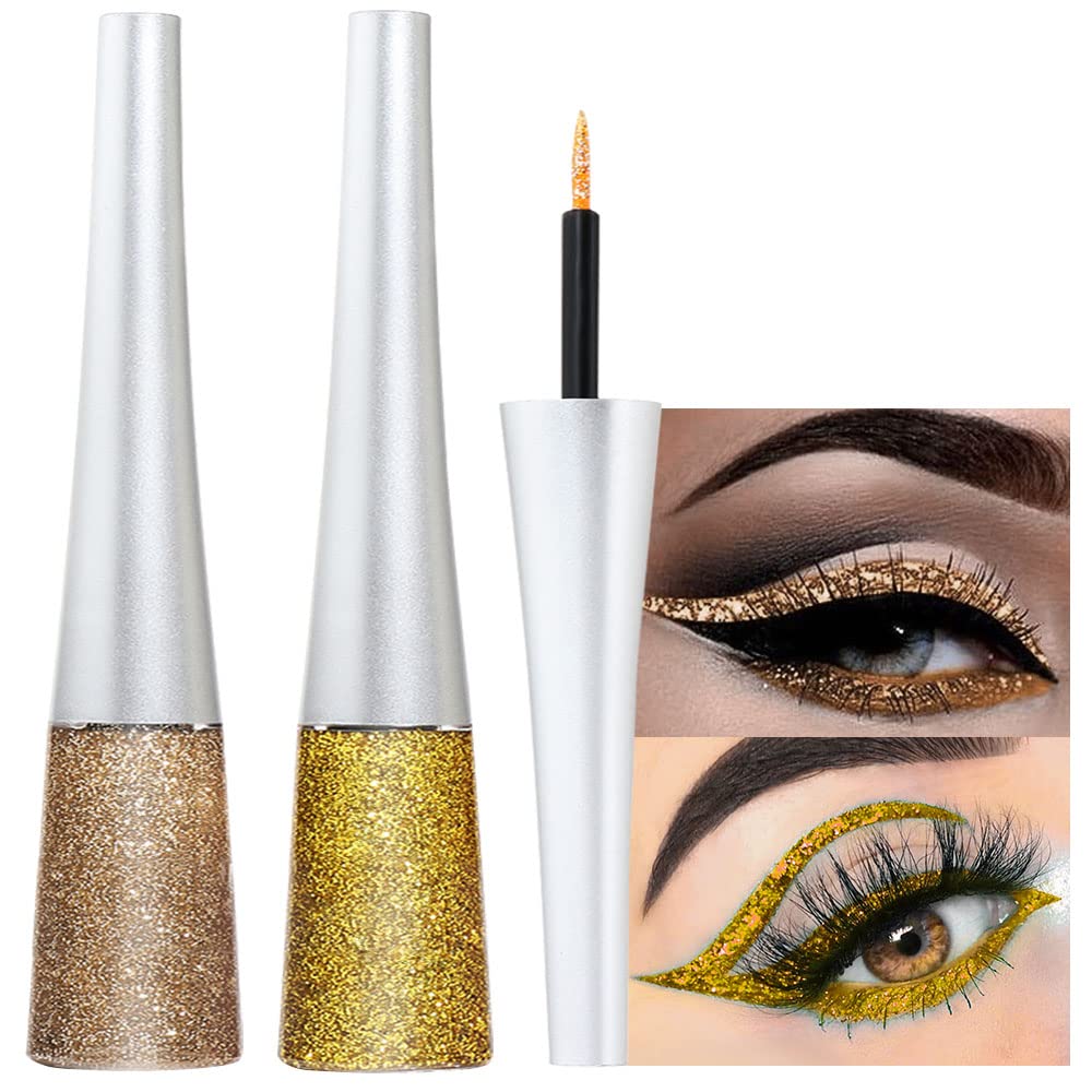 evpct 2Pcs Gold Champagne Gold Color Liquid Glitter Eyeliner Sets Eyeliner Glitter Liquid Liners for Women Liquid Sparkly Glitter Eyeliner delineador con glitter de colores para ojos colores 01+14