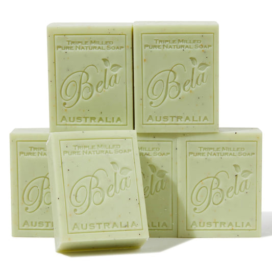 BELA Gardeners with Crushed Leaf and Bran Soap 3.3 OZ Pack of 6, Long Lasting French Triple Milled Bar Soap with Organic Shea Butter, Hand, Face and Body Wash Bar, Made in Australia