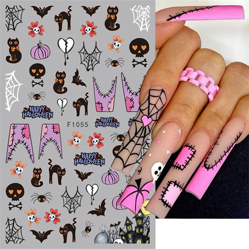 8 Sheets Halloween Nail Stickers Decals Horror Halloween Self Adhesive Nail Design Stickers Ghost Skull Black Cat Spider Web Nail Art Stickers for Women Girls DIY Manicure Nail Decoration