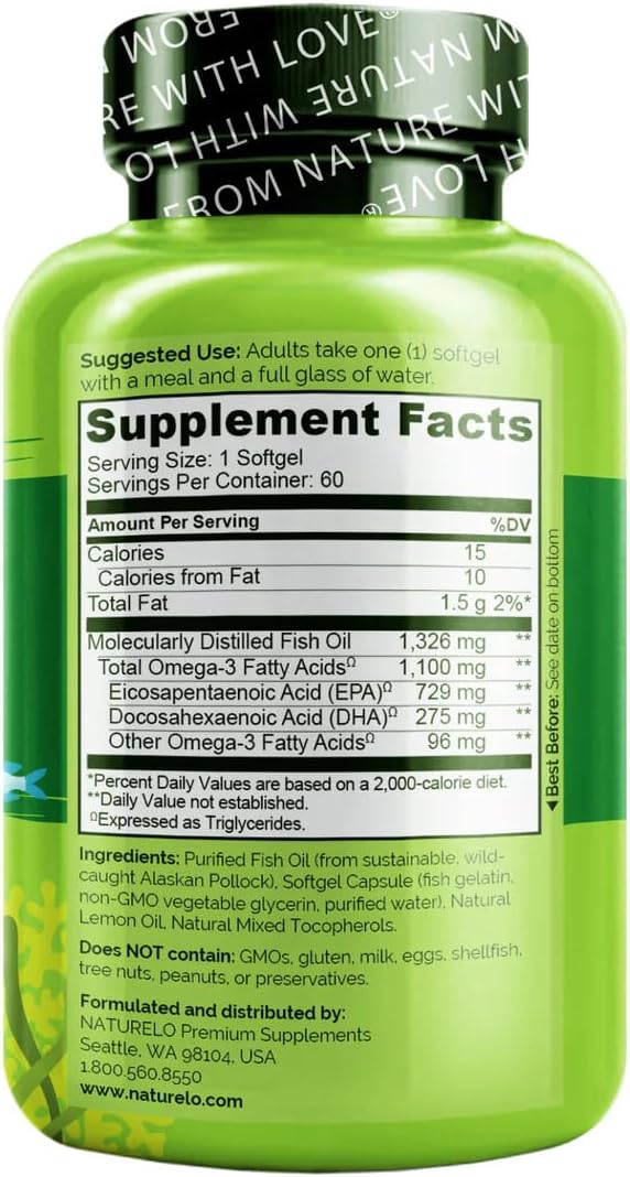 NATURELO Burpless Omega 3 Fish Oil Supplement - 1100mg Triglyceride Omega-3, EPA + DHA, Liquid Fish Oil for Heart, Eye, Brain, Joint Health - 60 Softgels, 2 Months Supply