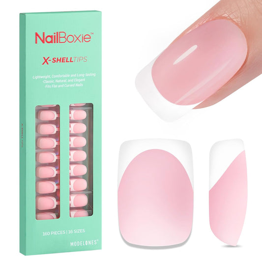 modelones French Tip Press on Nails, Short Square Fake Nails with Nail Box, Pink & White Gel Nail Tips for Women, Soft Glue-On Nails for Natural Salon Look, DIY Nail Art Kit