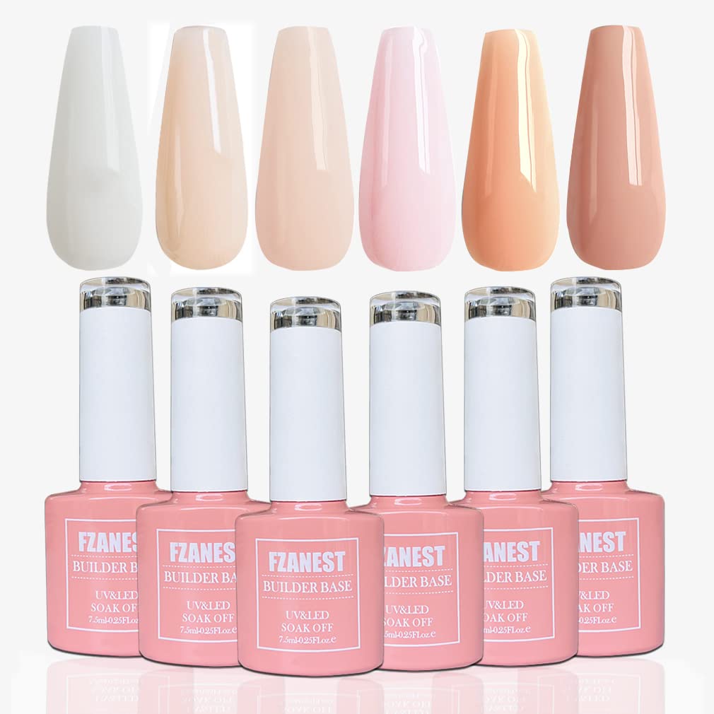 FZANEST Rubber Base Builder Gel for Nails Kit, 6pcs*7.5ml in a Bottle, Nail Strengthener Extension With Jelly Natural Nude Pink Colors, UV Soak Off Polish
