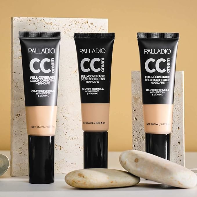 Palladio Full-Coverage Color Correction CC Cream, Oil-Free with Peptides & Vitamin C, Best for Correcting Redness and Uneven Skin Tone, Buildable Foundation Coverage (Light 20W)