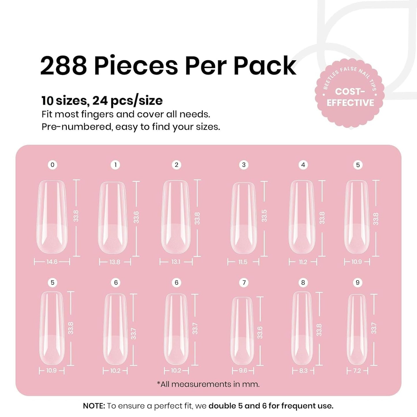 Beetles Gel Nail Tips Long Square 10 Sizes, 288Pcs Pre Shaped Half Matte Press On Nails Gelly Tips False Nails for Gel Nail DIY Art Nail Extensions Acrylic Nails Gift