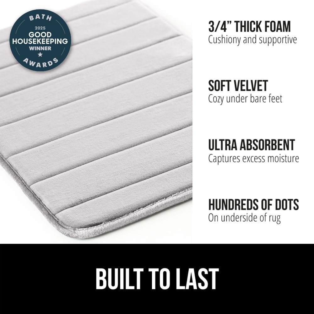 GORILLA GRIP Memory Foam Bath Mat, Soft Absorbent US Designed Bathroom Rug, Gripping Dots Machine Washable Bathmat, Cushioned Floor Mats, Shower Sink Rugs Room Décor Accessories, 24x17 Light Gray