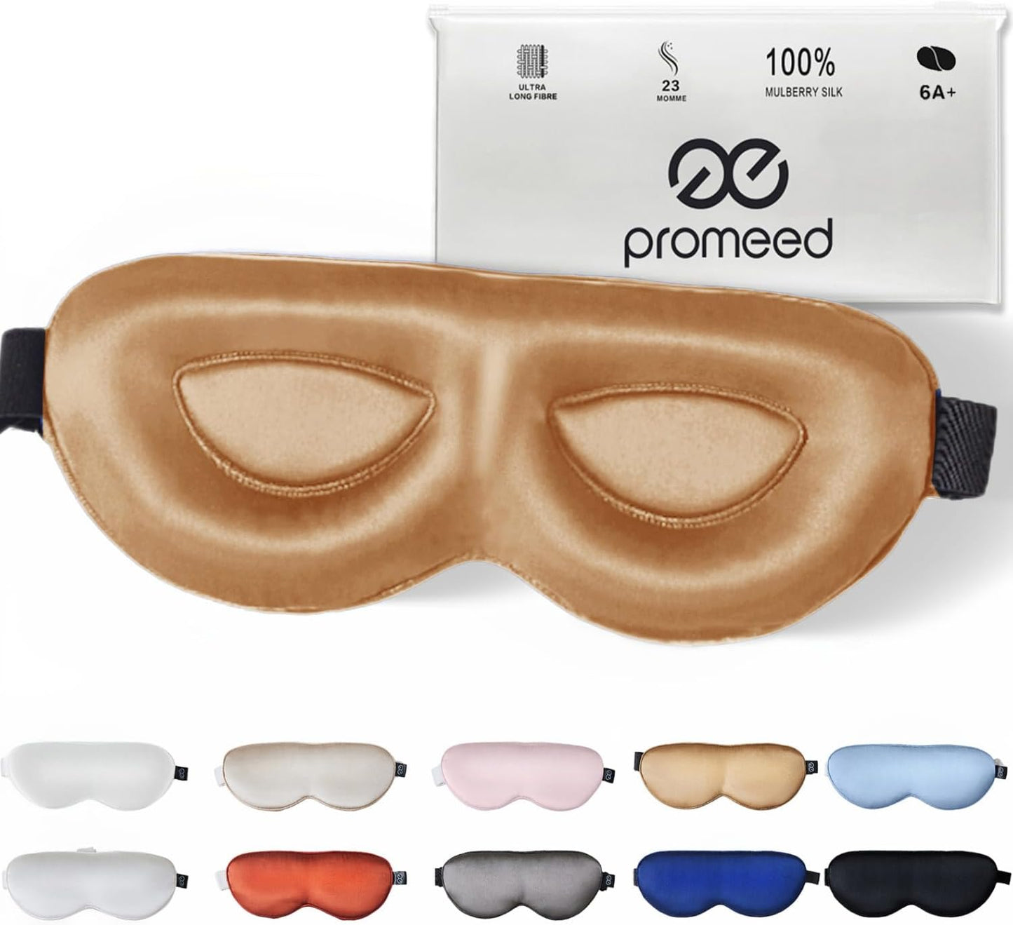 PROMEED Adjustable 23 Momme Mulberry Silk Sleep Mask, 3D Contoured No-Pressure Cup Eye Mask for Sleeping, Super Soft Breathable Blindfold, Perfect Blocks Light for Sleeping (Gold)
