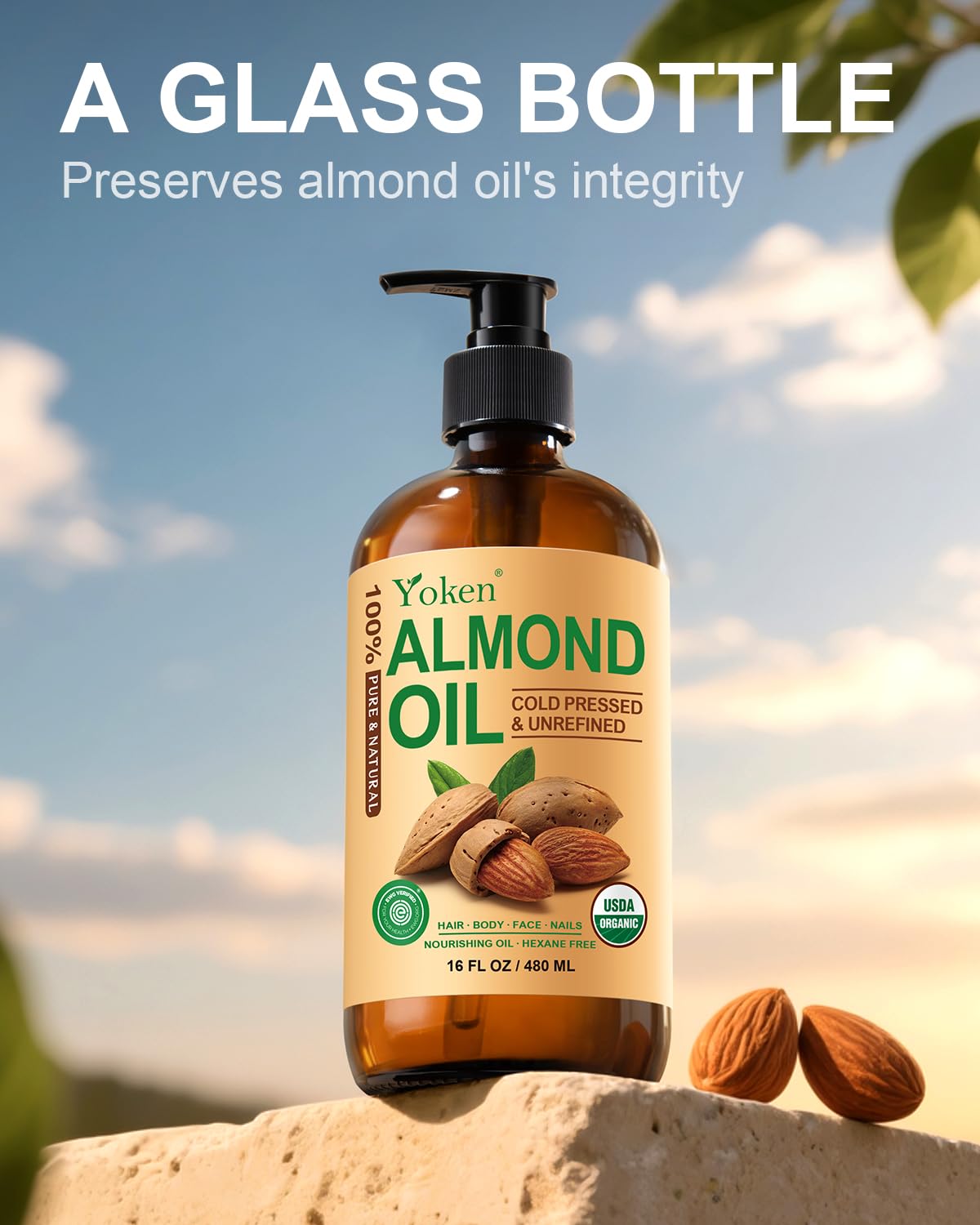 Yoken Almond Oil 16 fl oz 100% Pure USDA Cold Pressed Glass Bottle Almond Oils for Skin Hair & Body Almond Oil for Hair Moisturizer Smooth and Soft Skin - Carrier Oil for DIY Massage Therapy