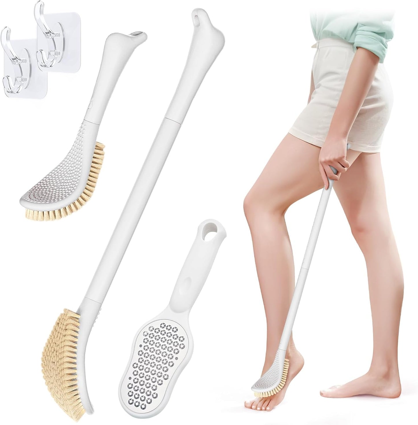 New Foot Brush & Foot File Set(2PCS), 3-IN-1 Foot Scrubber in Shower, 10.2’’-27.5’’Adjustable Long Handle Foot Scrub Brush and Upgrade Foot File Callus Remover, Gift-Box Packed(White+Foot File)