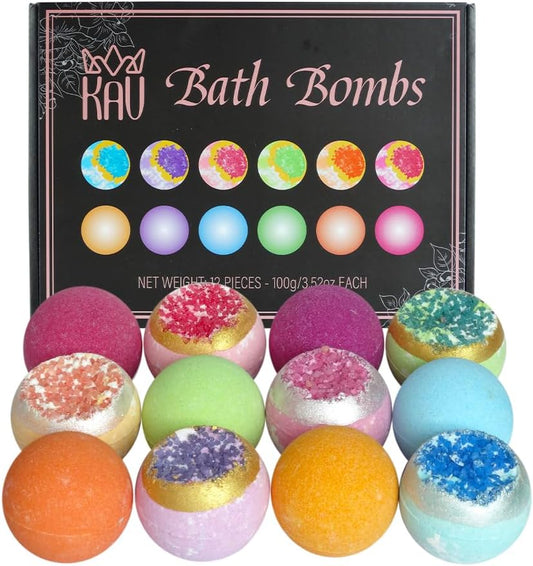 KAV Bath Bombs Set of 12 for Women — Natural Geode Bathbombs for Girls, Tweens | Organic Bath Bomb Giftset with Various Scents and Colors | Moisturizing Spa Fizzies — Essential Oil Infused Gift-Ready