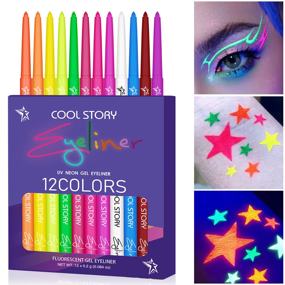 12 Colors UV Neon Eyeliner – Festival Makeup, Glow in the Dark, Waterproof & Smudge-Proof, Colorful Liquid Eyeliner for Face & Body Art, Rave Party, Cosplay, Halloween