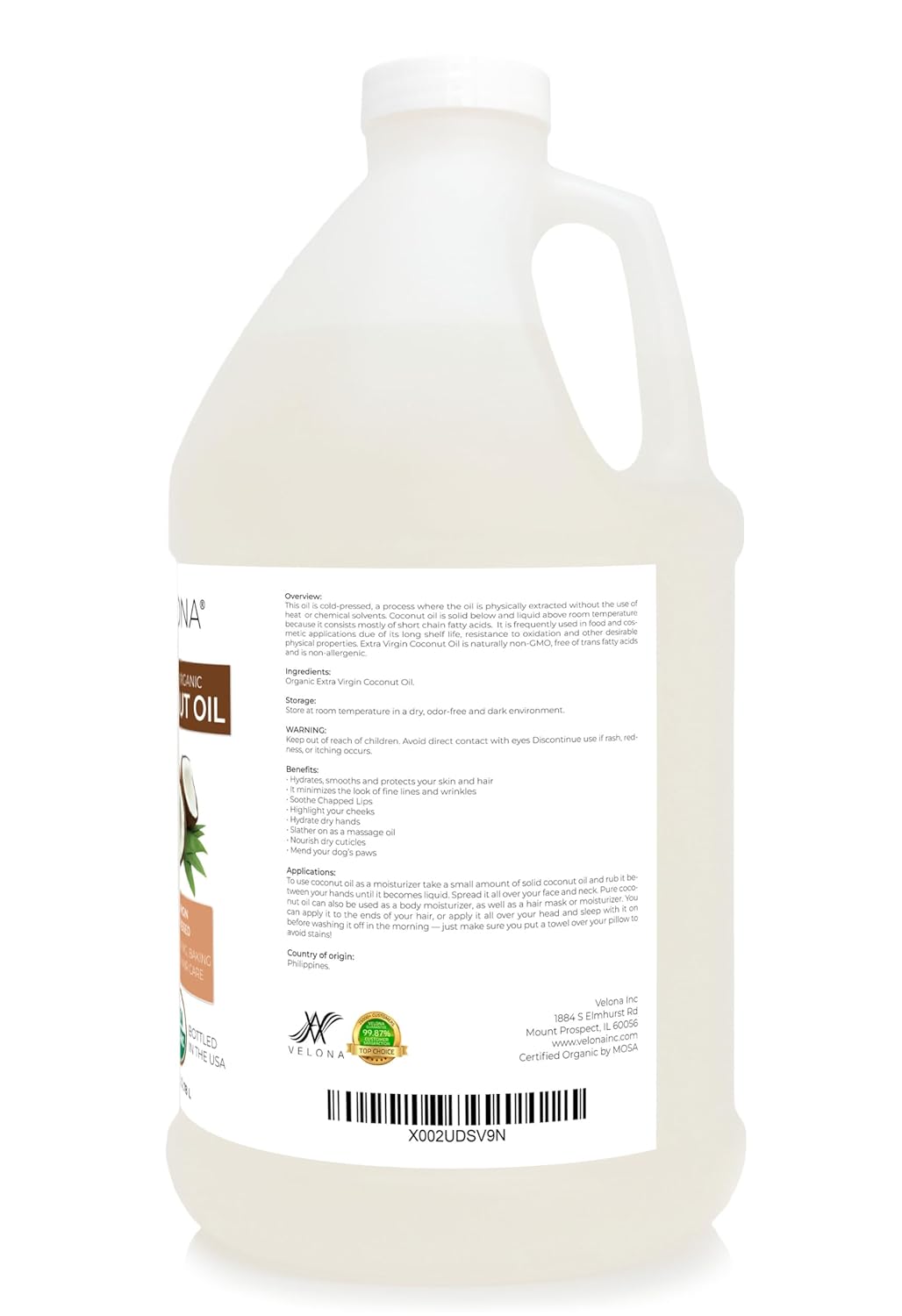 Velona USDA Certified Organic Coconut Oil Extra Virgin - 1 Gallon / 128 Fl Oz | Food and Cosmetic Grade | in jar | Extra Virgin, Cold-Pressed