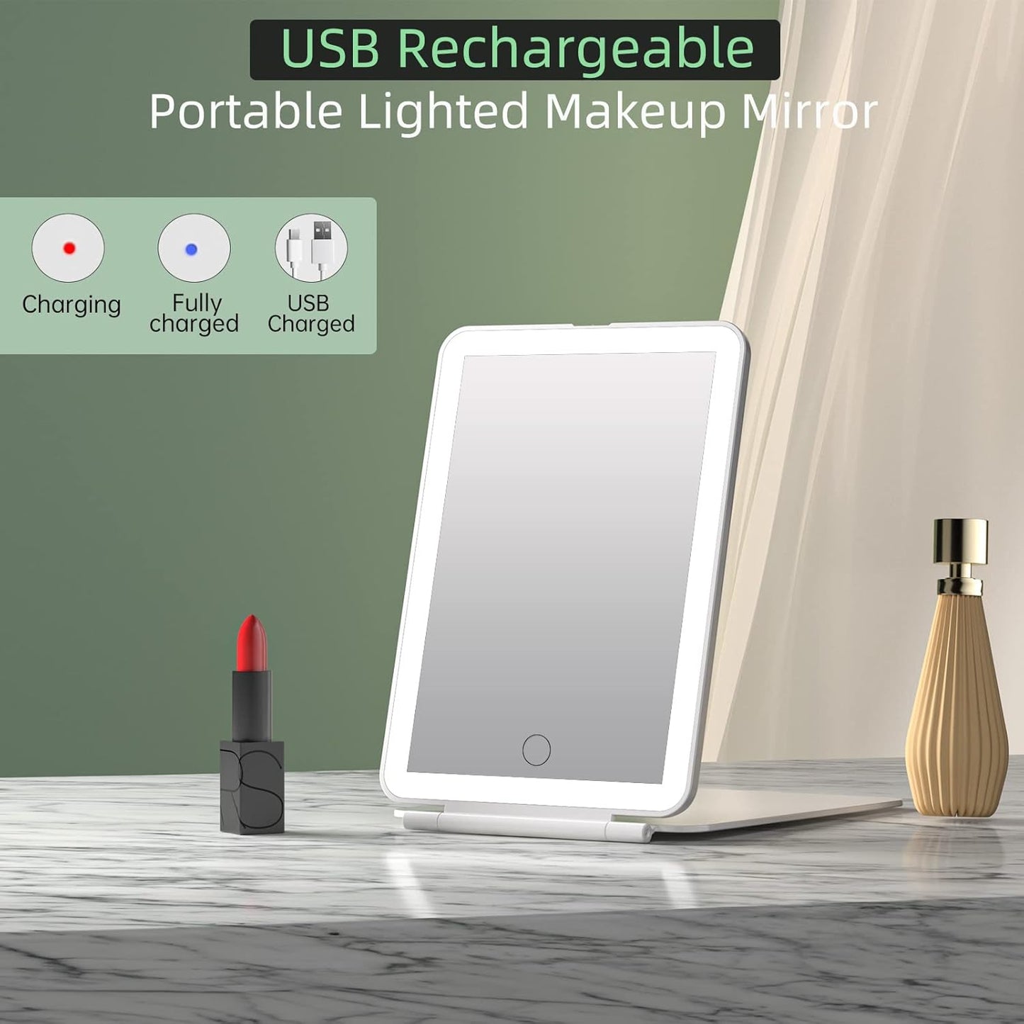 FUNTOUCH Rechargeable Portable Makeup Mirror with 72 LED Lights, Travel Lighted 1X/5X Magnification, 3 Color Lighting,Dimmable Touch Screen, Tabletop Folding Cosmetic Lights