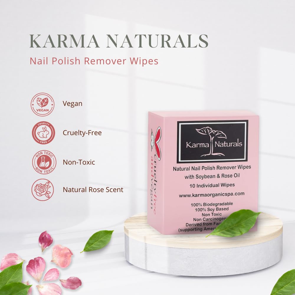 Karma Organic Natural Nail Polish Remover Wipes with Soybean and Rose Oil, 100% Soy Based, Non-Toxic, Vegan, Cruelty-Free – Pack of 10