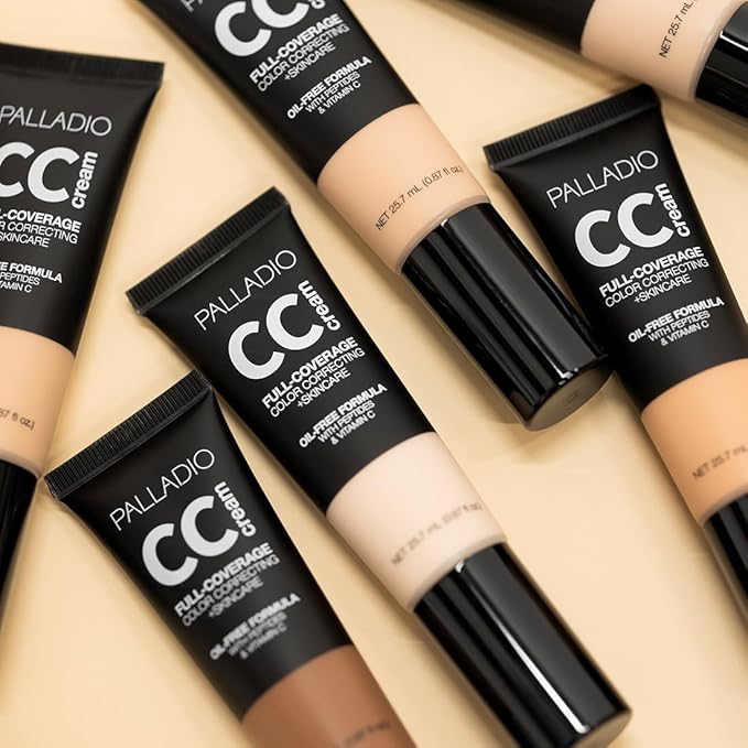 Palladio Full-Coverage Color Correction CC Cream, Oil-Free with Peptides & Vitamin C, Best for Correcting Redness and Uneven Skin Tone, Buildable Foundation Coverage (Fair 12W)