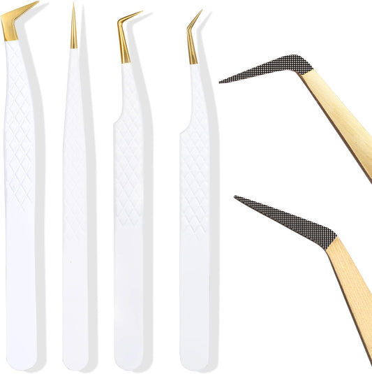 Fiber Tip Lash Tweezers For Eyelash Extension 4 Pcs Tweezers Professional Artist Tech Work Kit Tools,Best Volume Eyelash Lashes Extensions Precision Supplies Volume Boot 90 45 Degree(White)