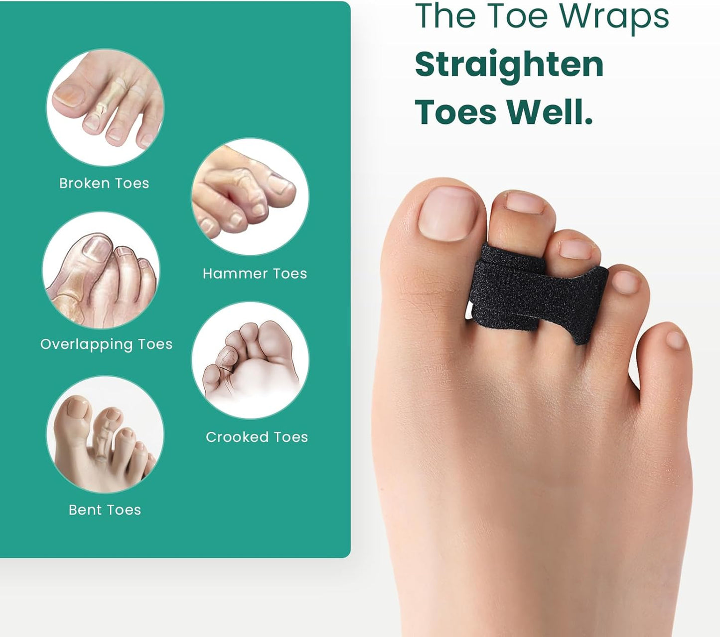 Welnove Hammer Toe Straightener - 8 Pack Broken Toe Wraps - Hammer Toe Corrector for Women - Toe Splints for Crooked Toes, Curled Toes, Bent Toes - (Large, Black)