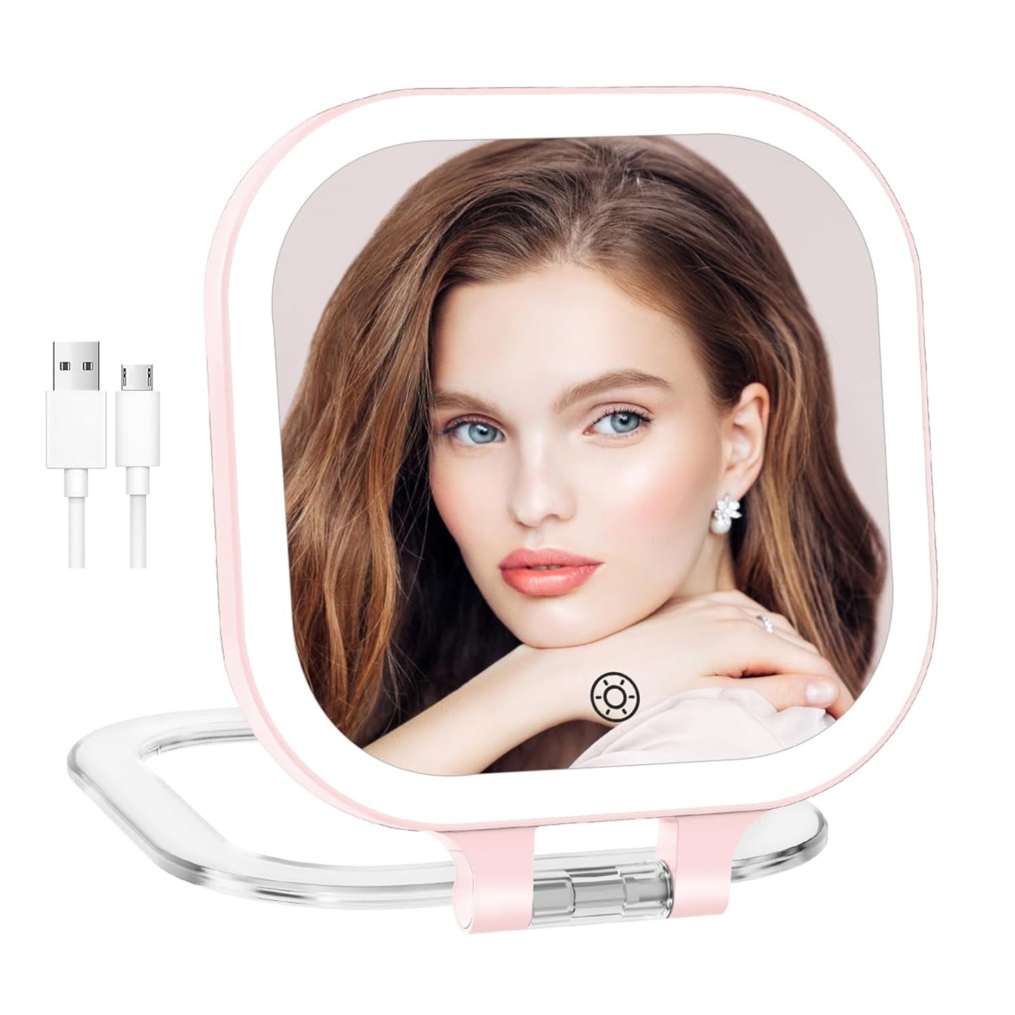 FASCINATE 10X Magnification Compact Travel Makeup Mirror with Lights and Magnification, 3.5 inch Portable 1X/10X Magnifying Mirror with 3 Color Light, Folding, Handheld (Pink)