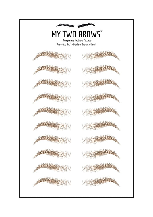 (10 pairs) Medium Brown Temporary Eyebrow Tattoo - Small Size - Waterproof & Smudgeproof - Assertive Arch Style Eyebrow Stickers - Sheet Lasts up to 30 Days - Won't Work on Existing Brows
