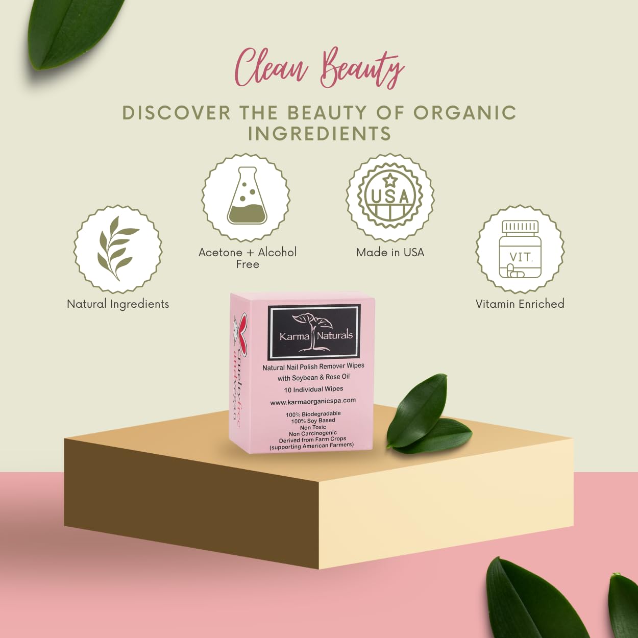 Karma Organic Natural Nail Polish Remover Wipes with Soybean and Rose Oil, 100% Soy Based, Non-Toxic, Vegan, Cruelty-Free – Pack of 10