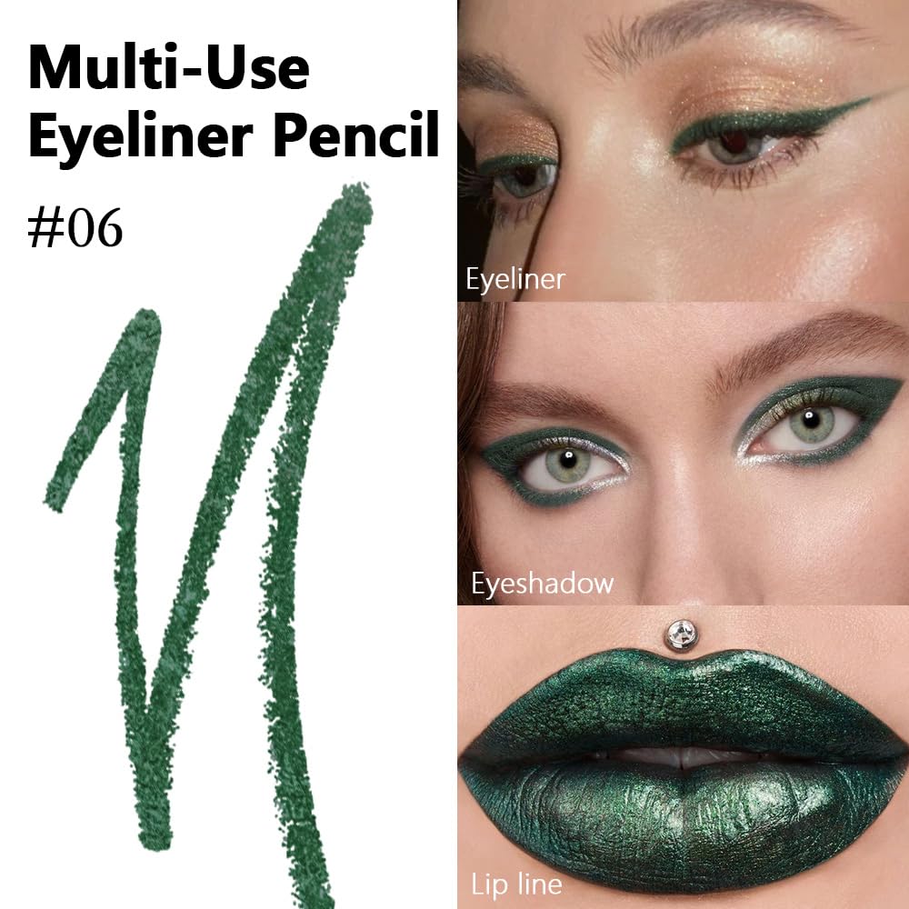 evpct Green Glitter Eyeliner Pencil for Eyes, Dark Emerald Green Metallic Shimmer Eye Liner Pencil Makeup Waterproof Smudge Proof, Colored Gel Waterline Eyeliner, Face Eye Paint Stick Halloween Makeup