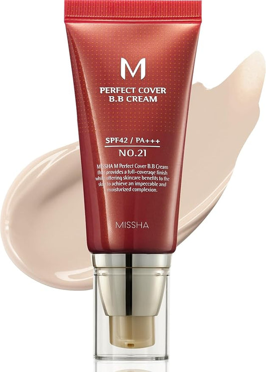 MISSHA M Perfect Cover BB Cream No.21 Light Beige - Light with Cool Undertone SPF 42 PA +++1.69 Fl Oz - Tinted Moisturizer for face with SPF