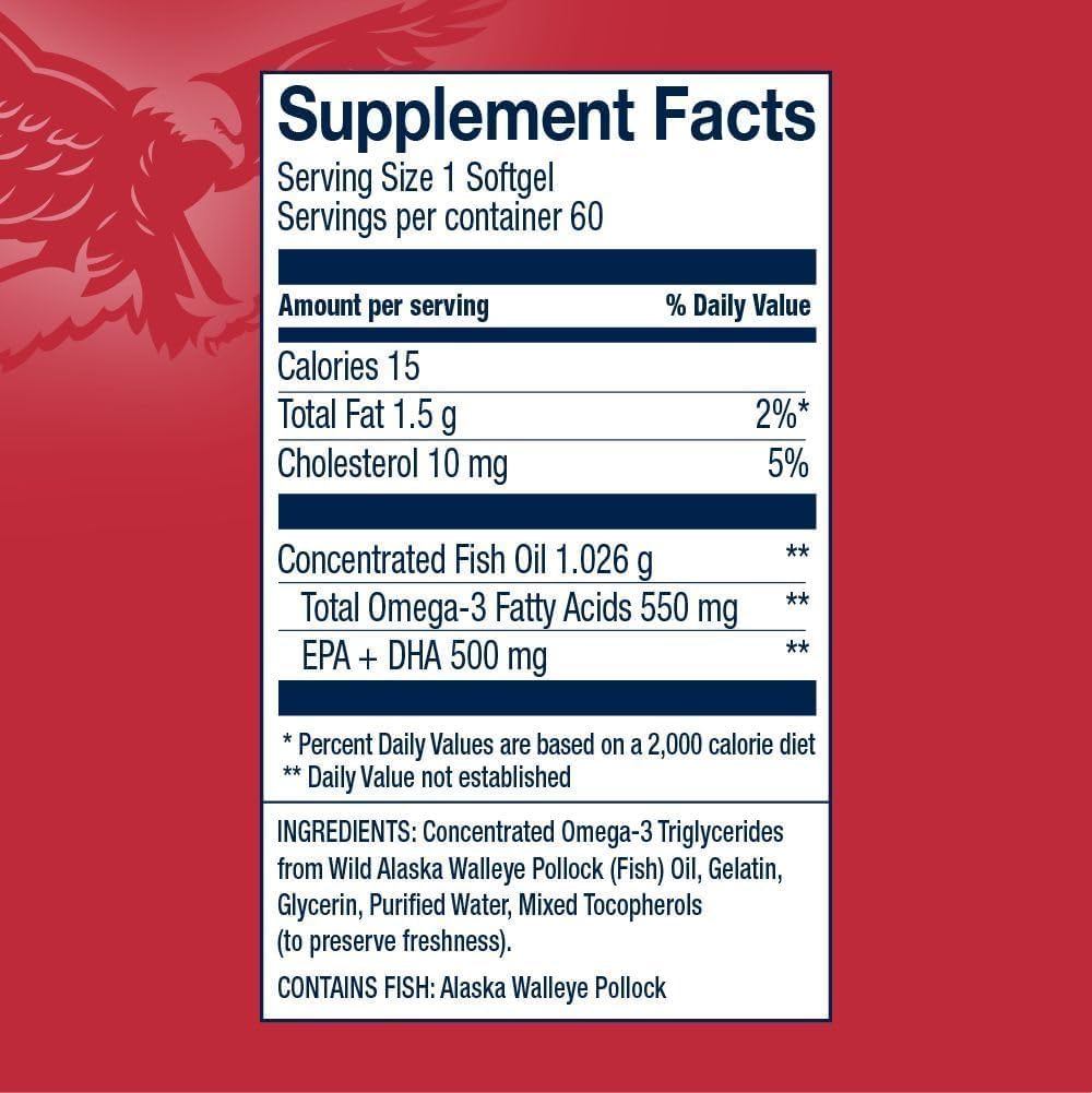 AmerOmega Triglyceride Omega-3 Fish Oil for Heart Health Support - Wild-Caught Alaskan Walleye Pollock - American-Sourced, American-Made - Non-GMO, Gluten-Free & Dairy-Free - 60 Softgels