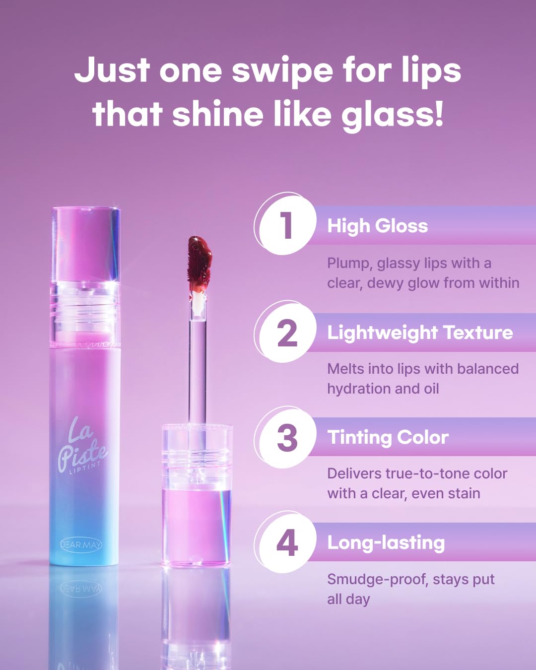 DEARMAY LA PISTE LIP TINT LP03 Romantic 0.14 oz. long lasting lip stain with glossy finish and lightweight texture, non sticky, hydrating formula with no flaking and glassy vivid tint, korean makeup