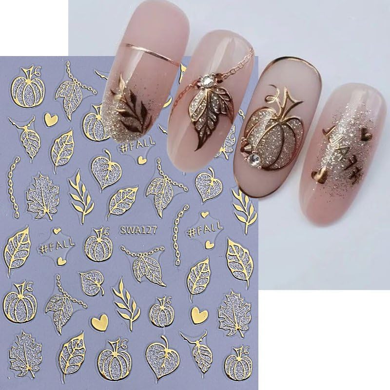 Halloween Nails Stickers Black Fall Leaves Nails Sticker 3D Embossed Silver Gold Pumpkins Self Adhesive Sticker Nail Decals Gold Nail Art Decals Halloween Decals for Nail DIY Manicure 4Sheet