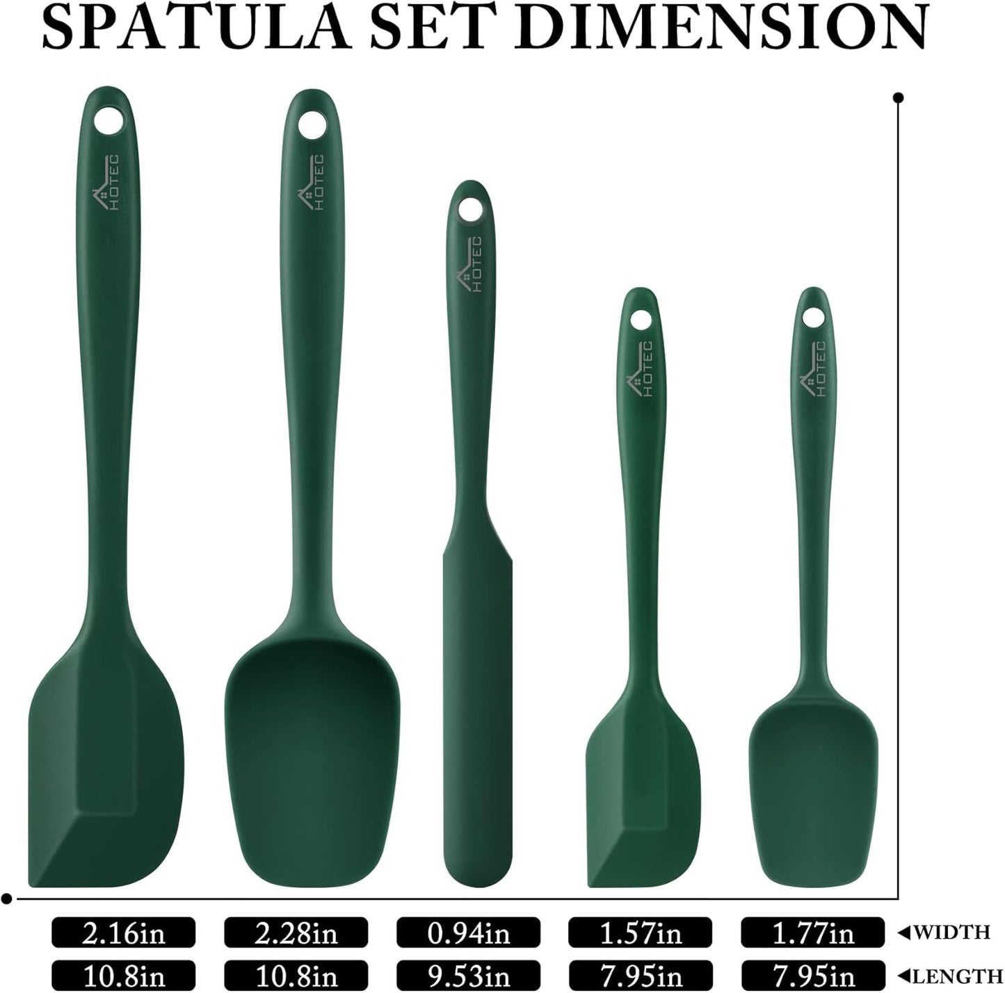 HOTEC 600℉ Heat Resistant BPA-Free Silicone Rubber Spatula Set,Kitchen Cooking Spatulas, Baking, Mixing for Non Stick Cookware, Dishwasher Safe, Dark Green Set of 5