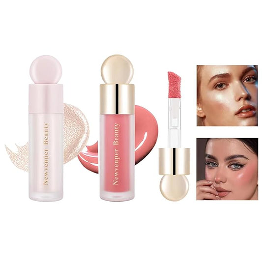 Liquid Highlighter, Liquid Blush with Face Brush Long Lasting Smooth Lightweight Smudge Proof Blush+ Highlighter