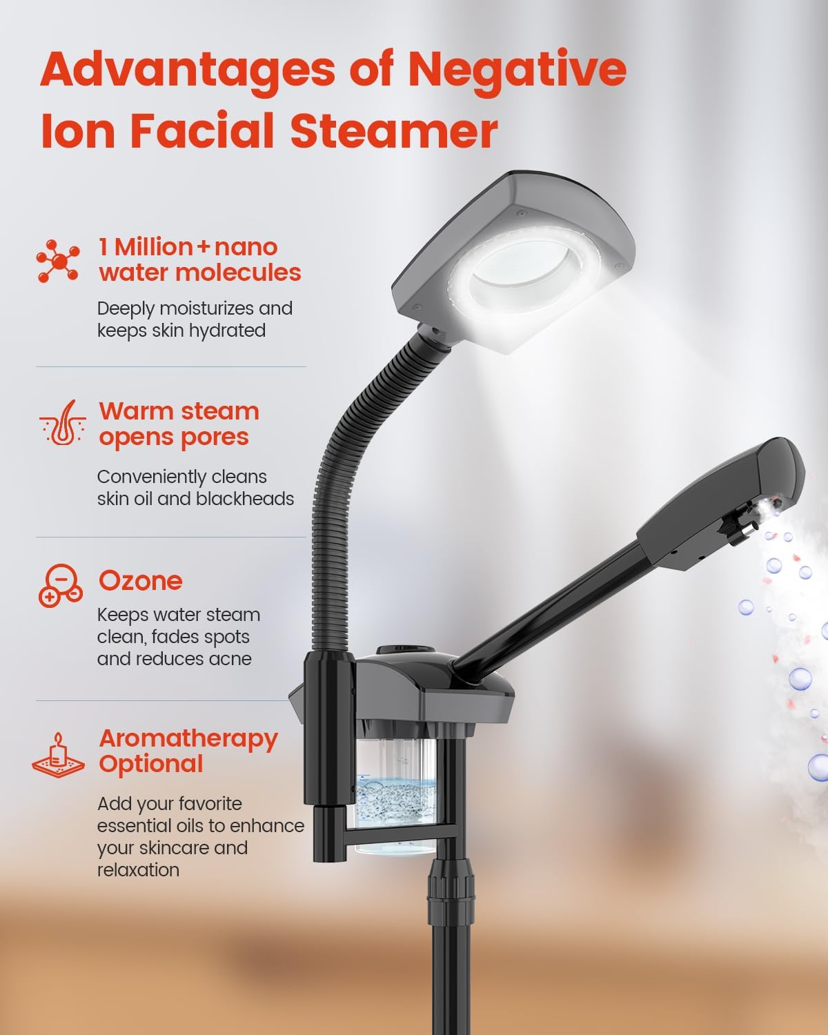 Kingsteam 2-in-1 Salon Grade Professional Facial Steamer with 5X Magnifying Lamp,Esthetician Steamer for Women,Hot Mist Face Steame: 2 Adjustable Steam Levels, 60 Min Timer & 3-Level LED Light (Black)