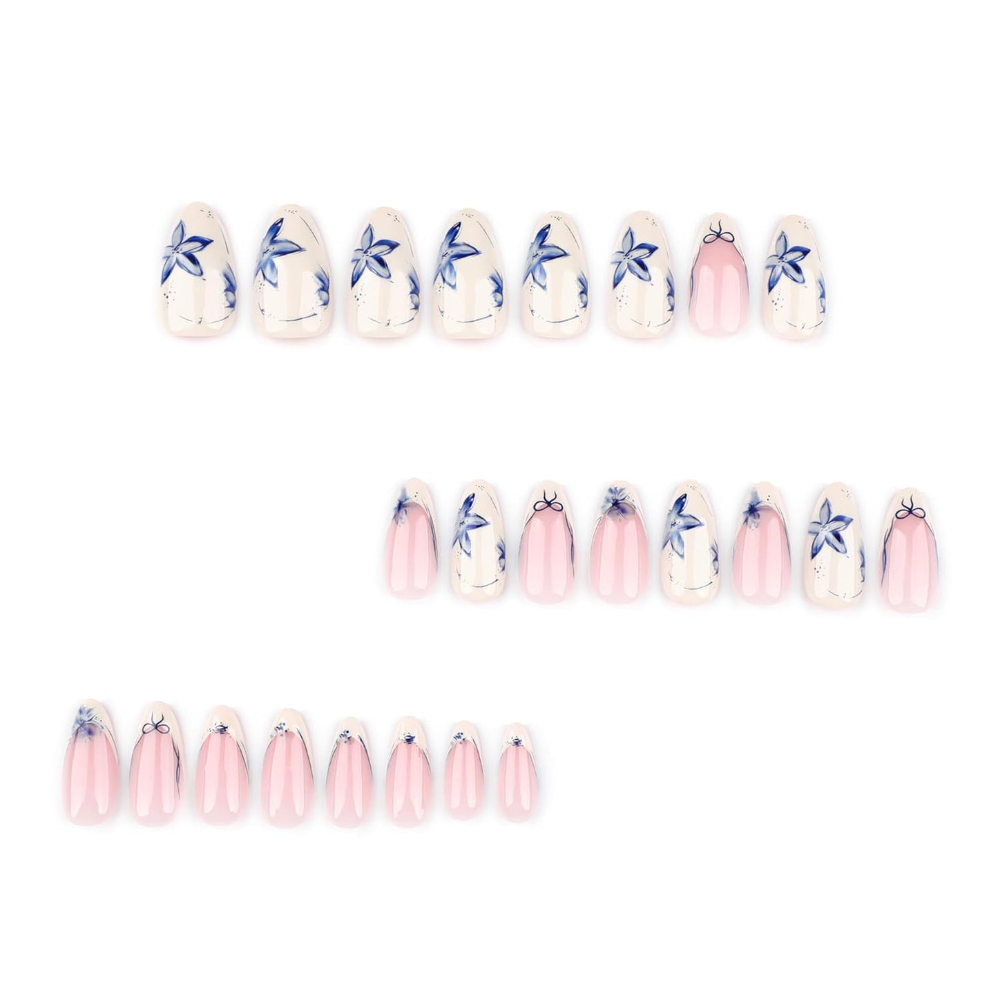French Short Press On Nails Almond, Nude Fake Nails with Beige French Tip and Graceful Blue Floral Petal Design, Glossy Gel Finish Acrylic Nails, Natural Reusable Glue On Nails Kit for Women, 24 Pcs