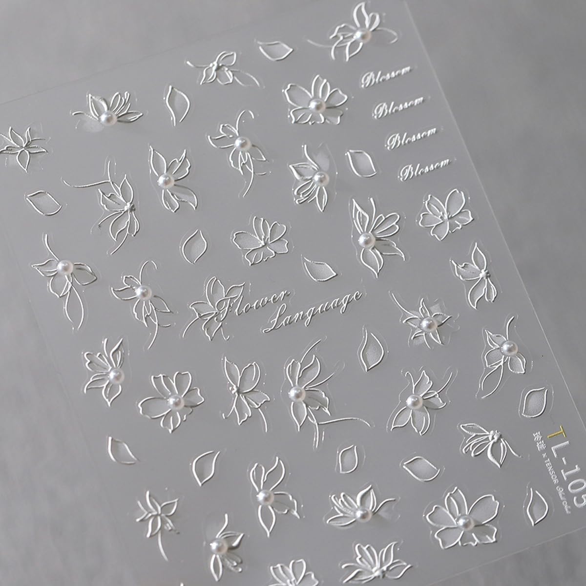 Flower Nails Stickers White Nail Decals with Pearl Design Glue on Nails Sticker Floral Nails Art Stickers 5D Embossed Self Adhesive for Women Girls Kid Manicure Charms Decoration