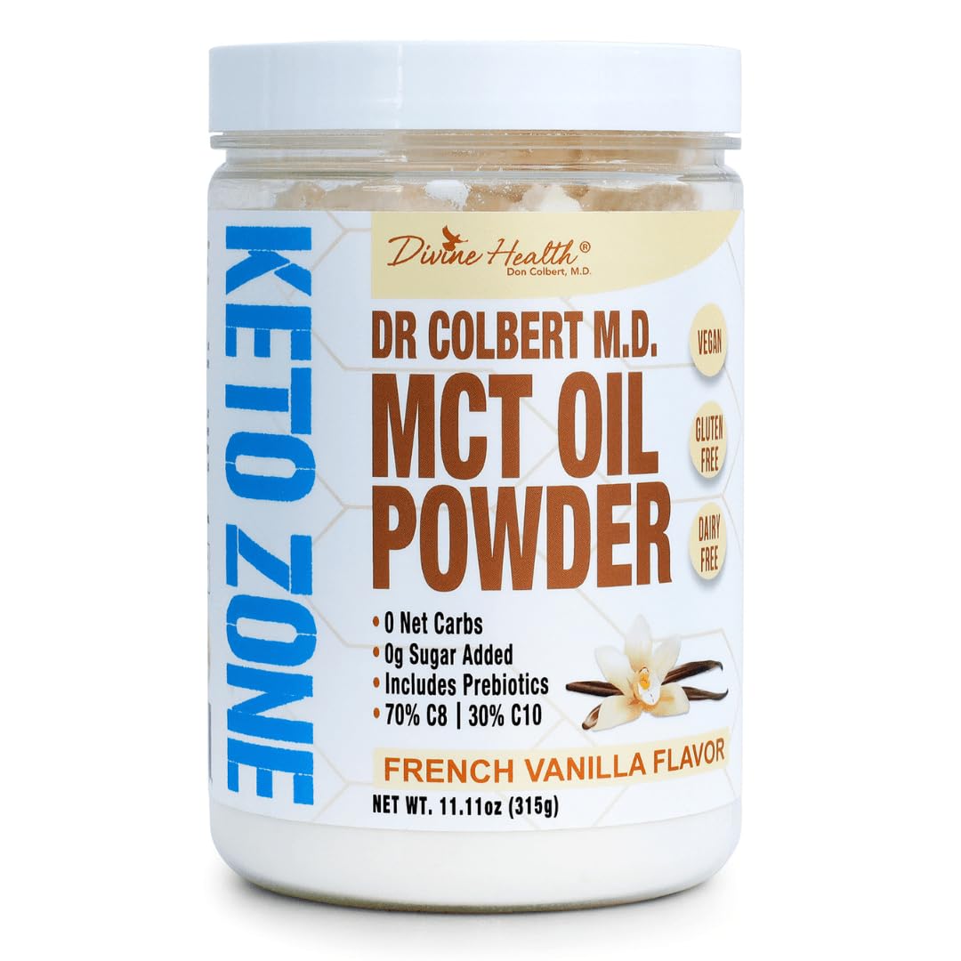 Dr. Colbert MD MCT Oil Powder | French Vanilla Flavor | by Divine Health | Recommended in The Keto Zone Diet book | 70% C8 | 30% C10 | 0 Net Carbs | Alternative to Coffee Creamer | 315g