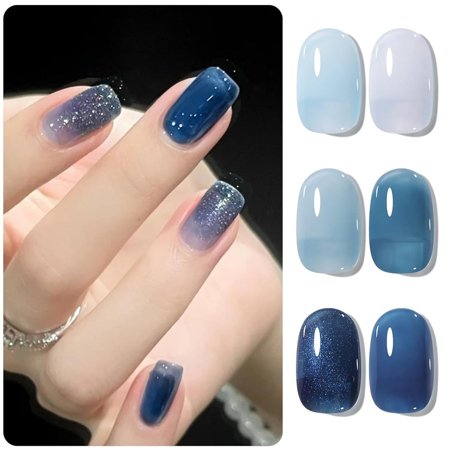 BORN PRETTY Jelly Blue Gel Nail Polish Set 6 Colors Translucent Light Blue Baby Blue Royal Blue Reflective Glitter Blue Nail Gel Kit Soak Off Nail Art Manicure Design Home Salon Holiday Gift