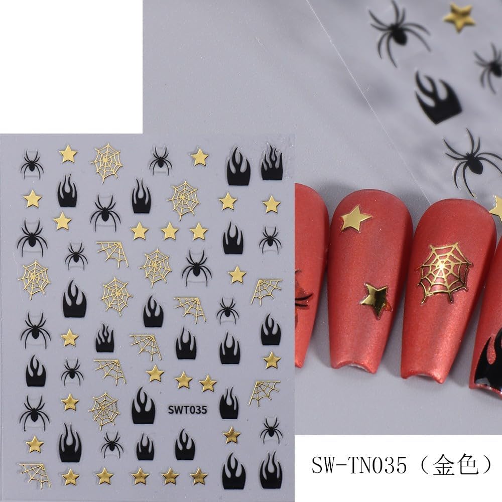 Halloween Nail Art Stickers Decals 10 Sheets 3D Self Adhesive Embossed Stickers Cartoon Spider Web Star Drop of The Blood Nail Art Design DIY Manicure Decoration for Women Kid Girls