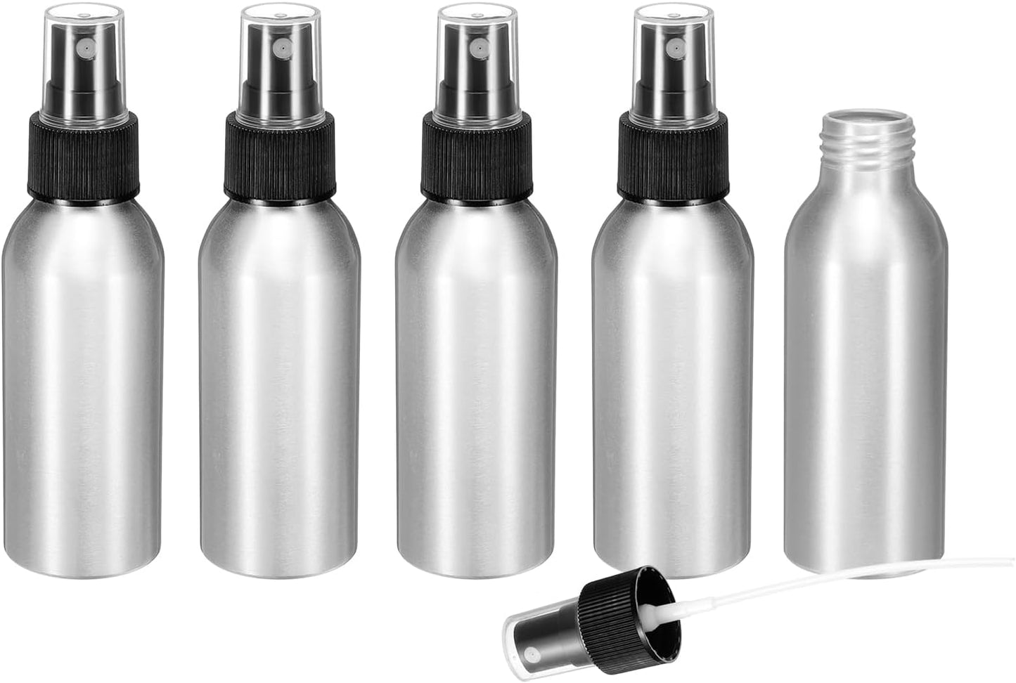 HARFINGTON 5pcs Aluminum Fine Mist Spray Bottles 100ml/3.4oz Metal Small Liquid Alcohol Refillable Travel Container with Black Plastic Nozzle Cap for Perfume Skincare Cosmetic Storage Bottle