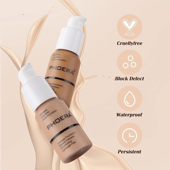 PHOERA Foundation Makeup Naturally Liquid Foundation Full Coverage Mattle Oil-Control Concealer 8 Colors Optional,Great Choice For Gift(#101 Porcelain,30ml)