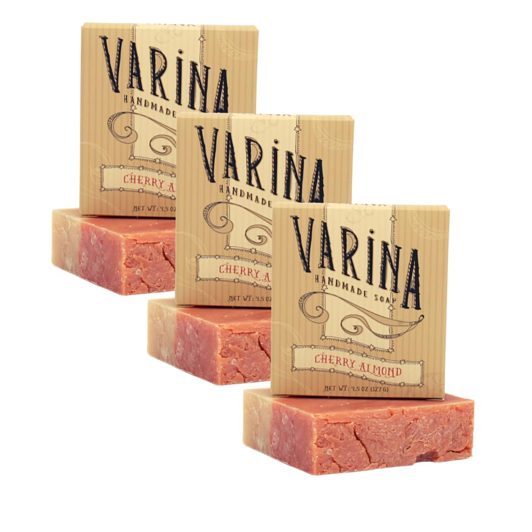 Varina Natural Cherry Almond Bar Soap - Gentle Cleansing for Sensitive Skin, Spicy - 3 Pack