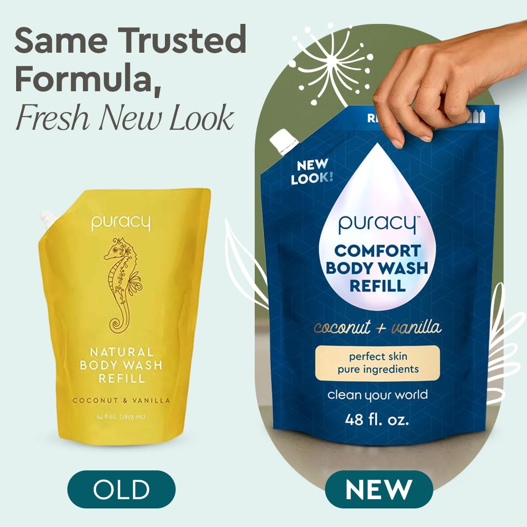 Puracy Body Wash Refill, Natural Body Wash, 98.6% Pure Plant Ingredients, Moisturizing Shower Gel for Women Men Kids, Body Soap for Dry Sensitive Skin. Gently Scented with Coconut & Vanilla, 48 Ounce