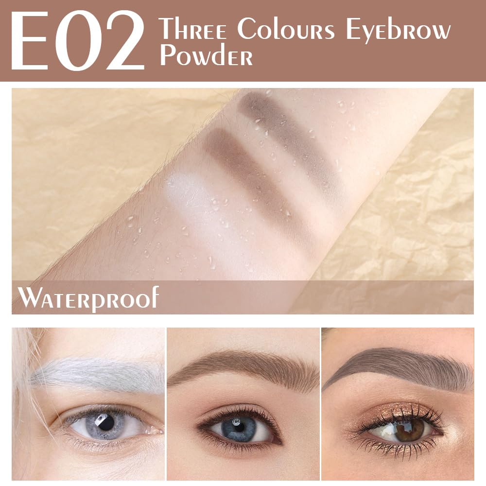Brown Eye Brow Powder for Women, Light Medium Matte Gray White Eyebrow Powder Kit with Brush, Long-Lasting 3 Colors Brow Palette, Filler for Full, Defined Natural Brows Shaping