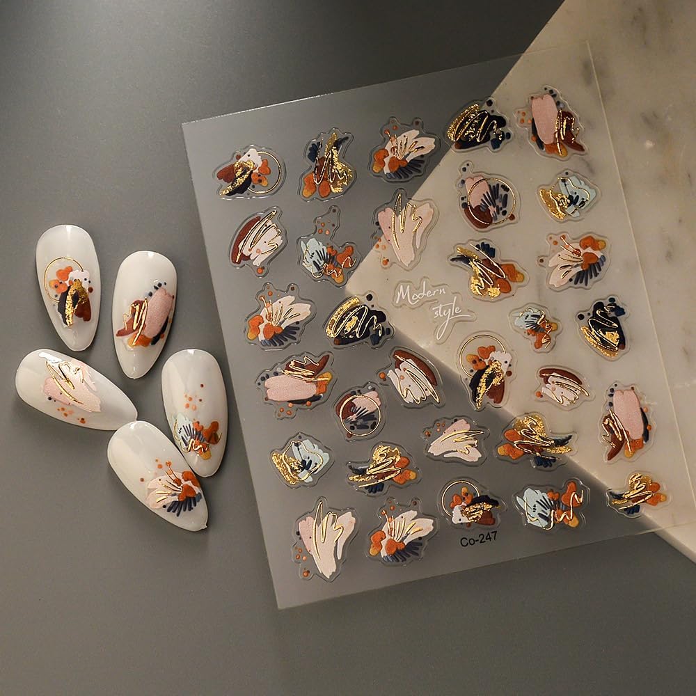 Fall Nail Art Stickers 3D Embossed Oil Painting Nail Stickers, Self-Adhesive Durable Nail Art Decals for Women Girls, Nail Wraps Decoration Manicure for DIY Acrylic Nail Accessories