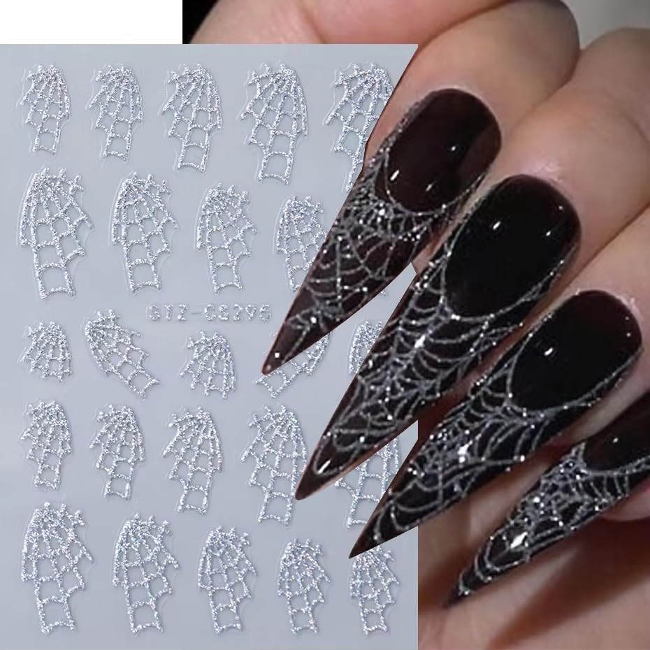 Halloween Nails Stickers Silver Glitter Web Nails Sticker 3D Embossed Glitter Web Self Adhesive Sticker Nail Decals Silver Webs Nail Art Decal Halloween Decals for Nail DIY Manicure 4Sheet