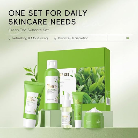 Skin Care Set, Green Tea Skin Care Sets & Kits, Skin Care for Teenage Girls Gift Set with Cleanser, Toner, Serum, Eye Cream, Facial Cream, Facial Skin Care Sets & Kits for Teenage Girls Women