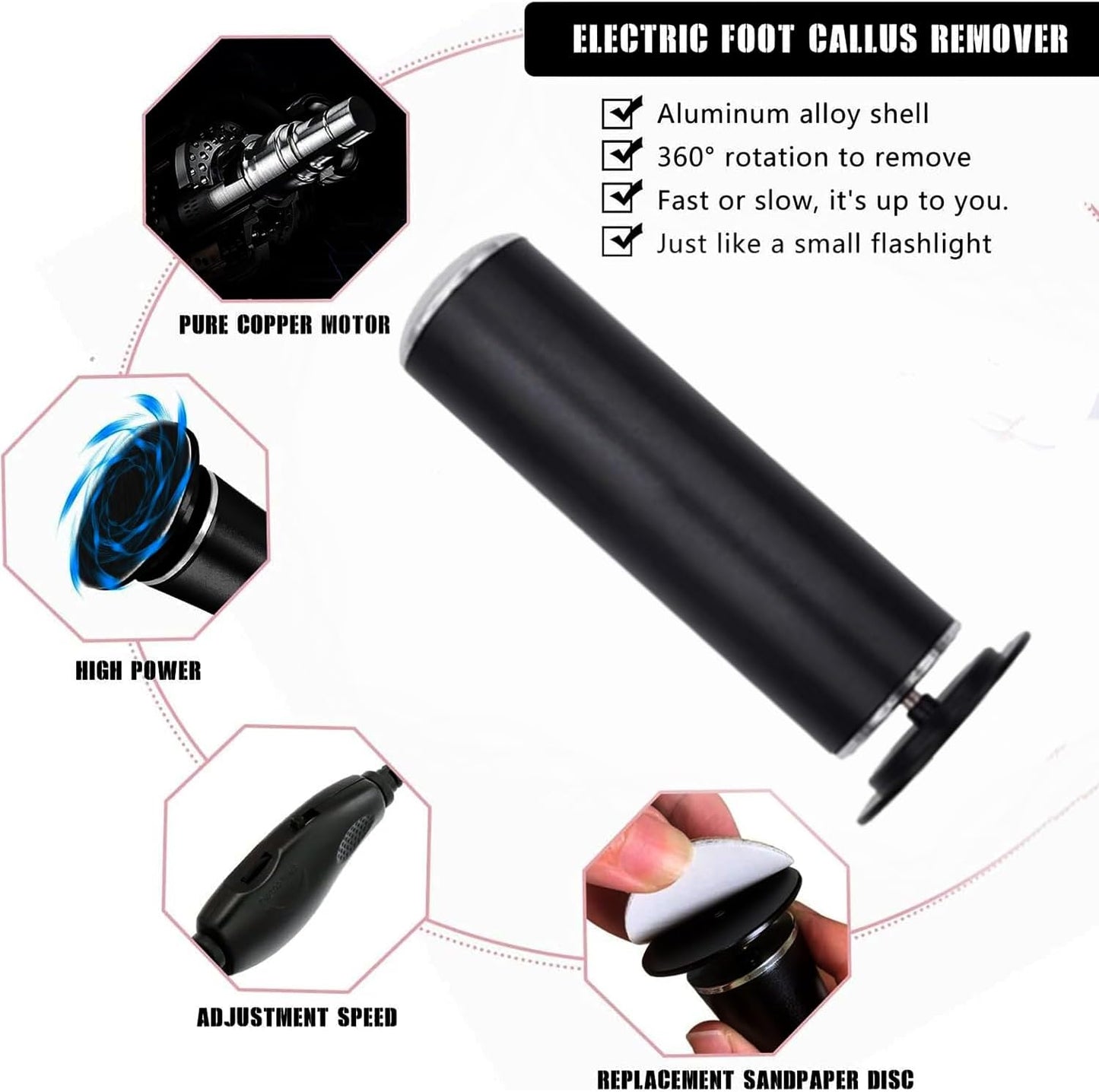 Electronic Foot File Grinder (Speed Adjustable) with 60pcs Replacement Sandpaper Disk，Electric Foot Scrubber Dead Skin Remover，for Feet Hard Cracked Dry Dead Skin Exfoliation，Unisex（Black）