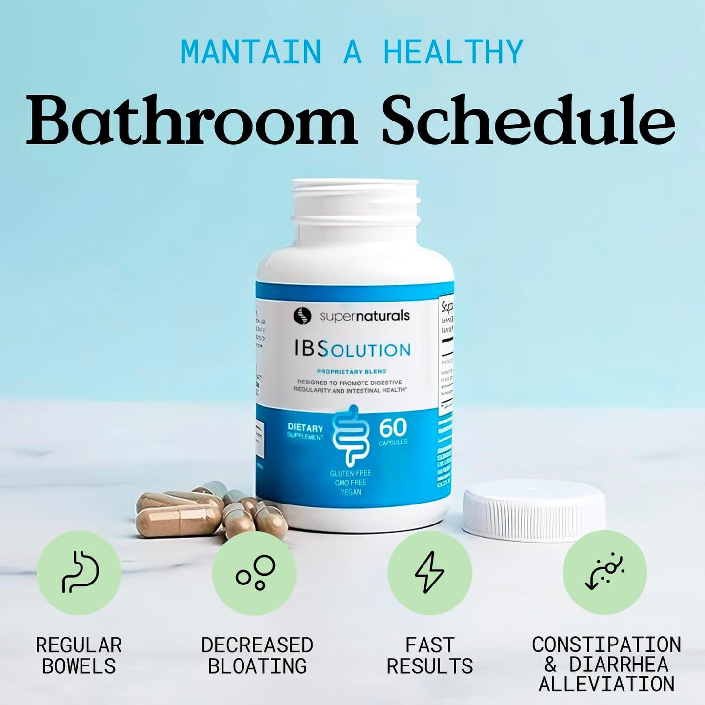 IBSolution - Digestive Health Supplement, Gas, Bloating, Diarrhea, Constipation Relief, Abdominal Pain, With Psyllium, Promote Regularity, Supports Gut Health, Made in USA - 60 Vegan Capsules, 2-Pack