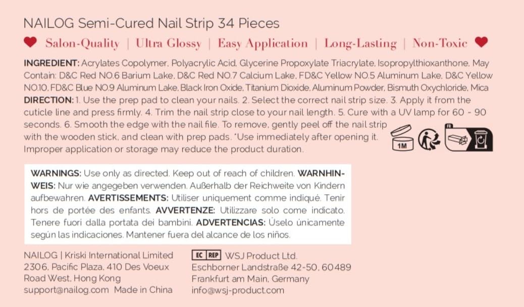 Nailog Semi Cured Gel Nail Strips 34 pcs | Long Lasting Nail Polish Sticker Wraps with Glossy Gel Finish | New Dawn