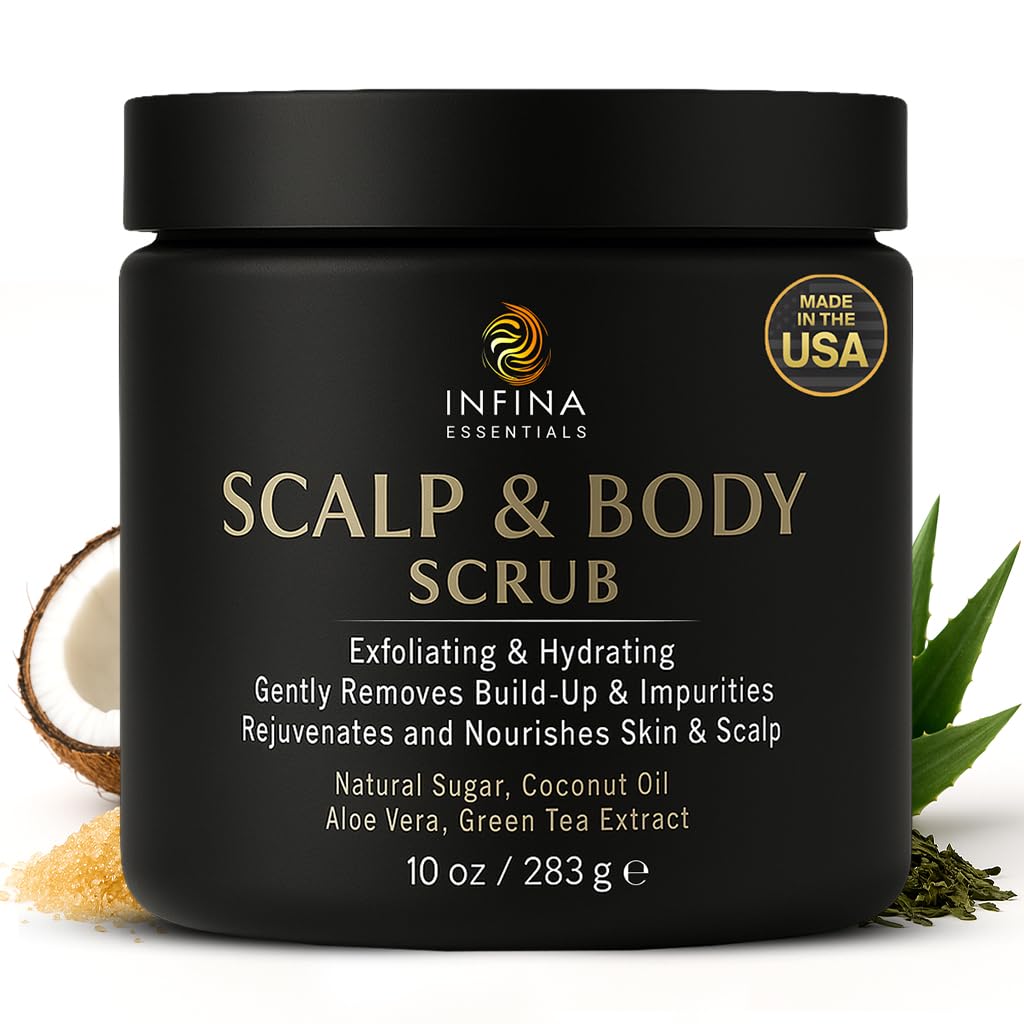 Scalp and Body Scrub – Exfoliating Sugar Cleanser with Coconut Oil, Menthol & Aloe – Dual-Use Polisher for Dry Skin & Flaky Scalp – Soothing, Cooling & Hydrating - INFINA ESSENTIALS | 8.45 fl oz