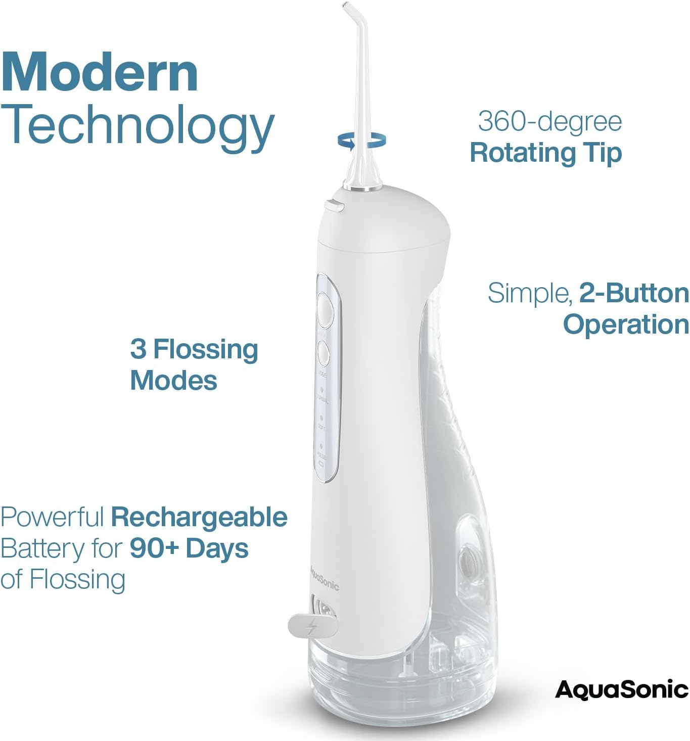 AquaSonic Aqua Flosser PRO - Rechargeable Cordless Water Flosser for Teeth, Gums & Tongue - Modern Design, 300ml Large Tank, 6 Jet Tips with Deluxe Tongue Nozzle, 3 Modes, Waterproof Optic White